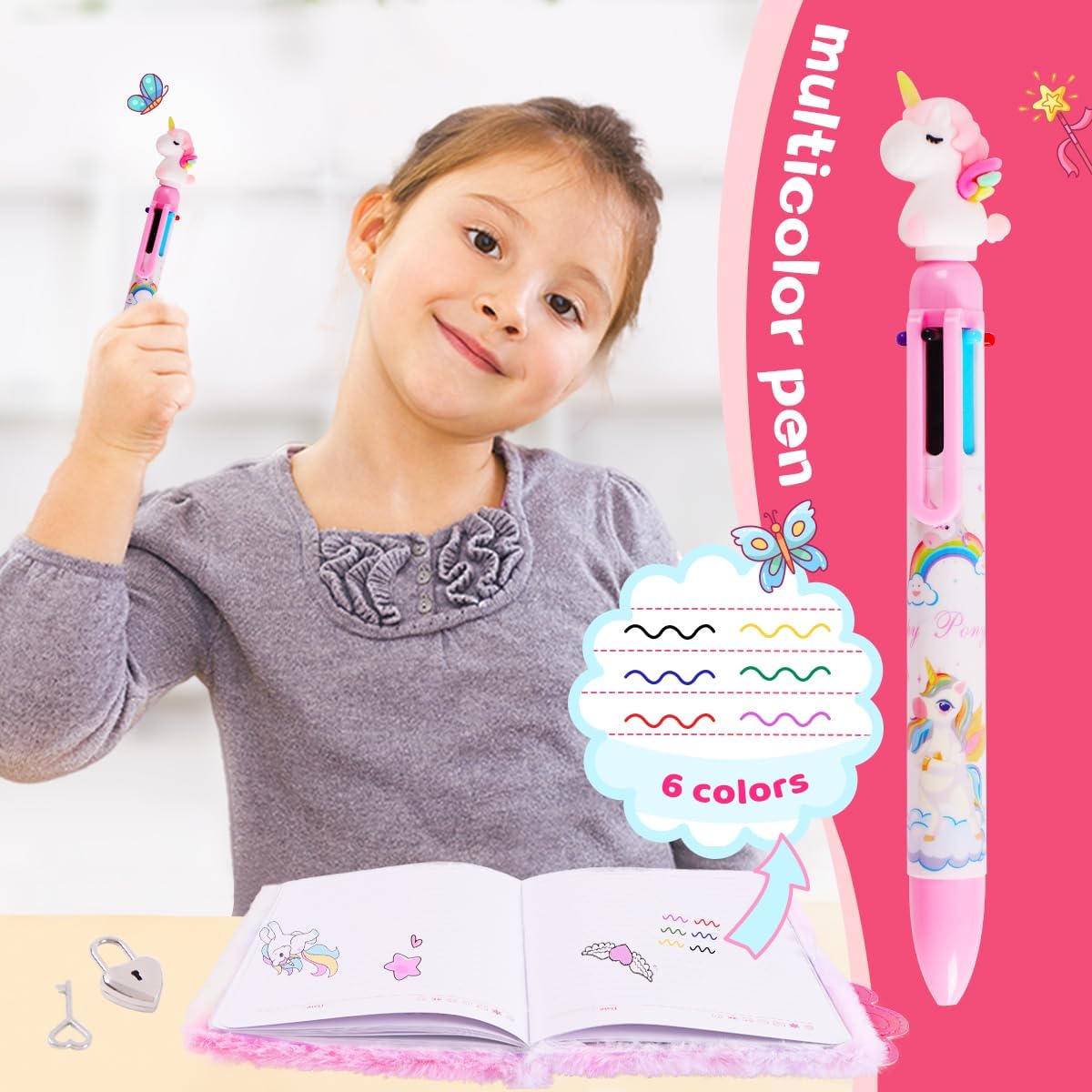 Axolotl Girl's Diary, Lock & Key, Multi-color Pens, Stickers