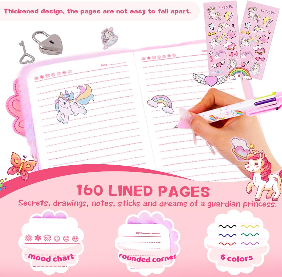 Axolotl Girl's Diary, Lock & Key, Multi-color Pens, Stickers