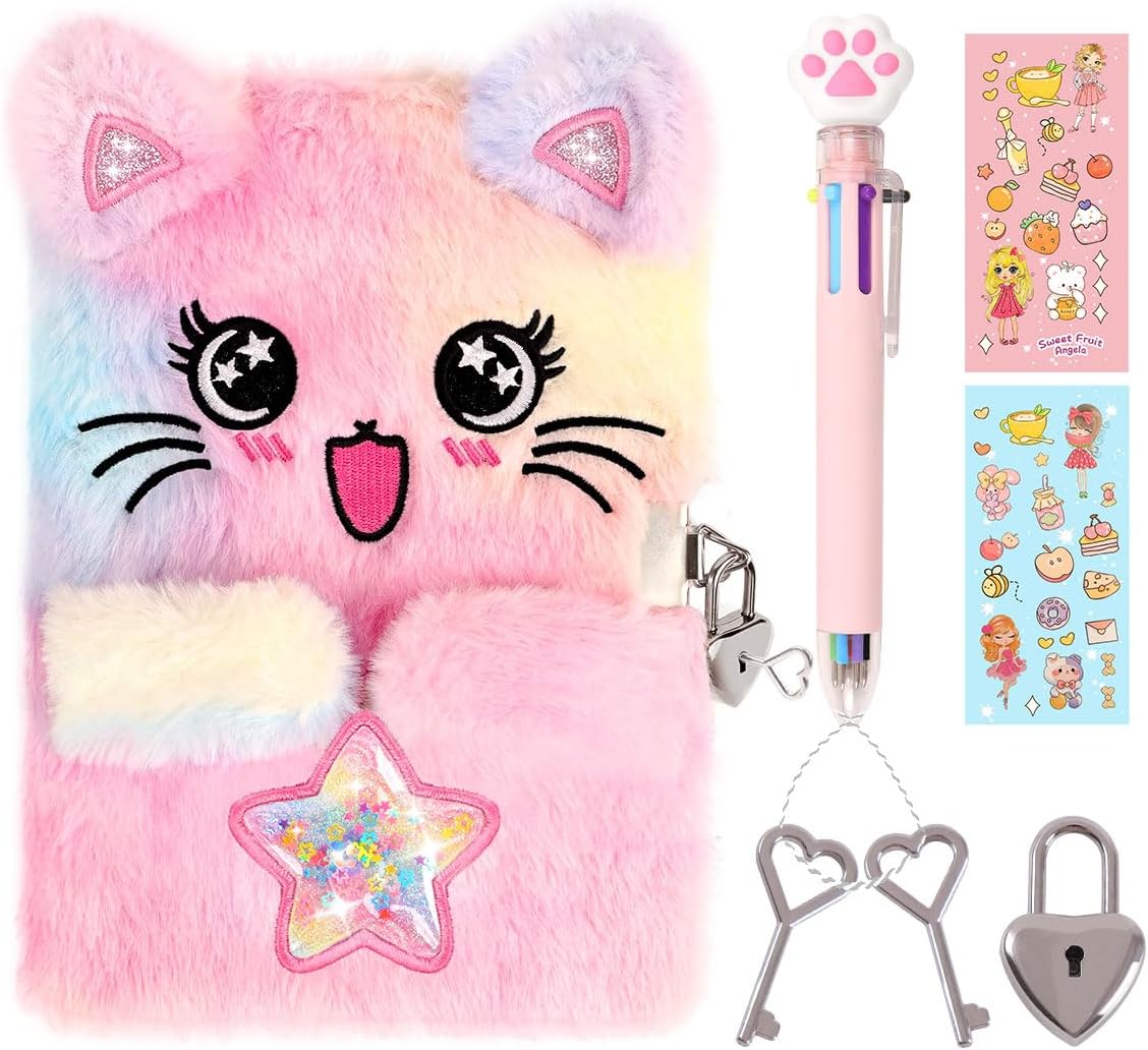 Girl Cat Diary, Lock & Key, Tie-Dye Fuzzy Diary, Ages 4-12