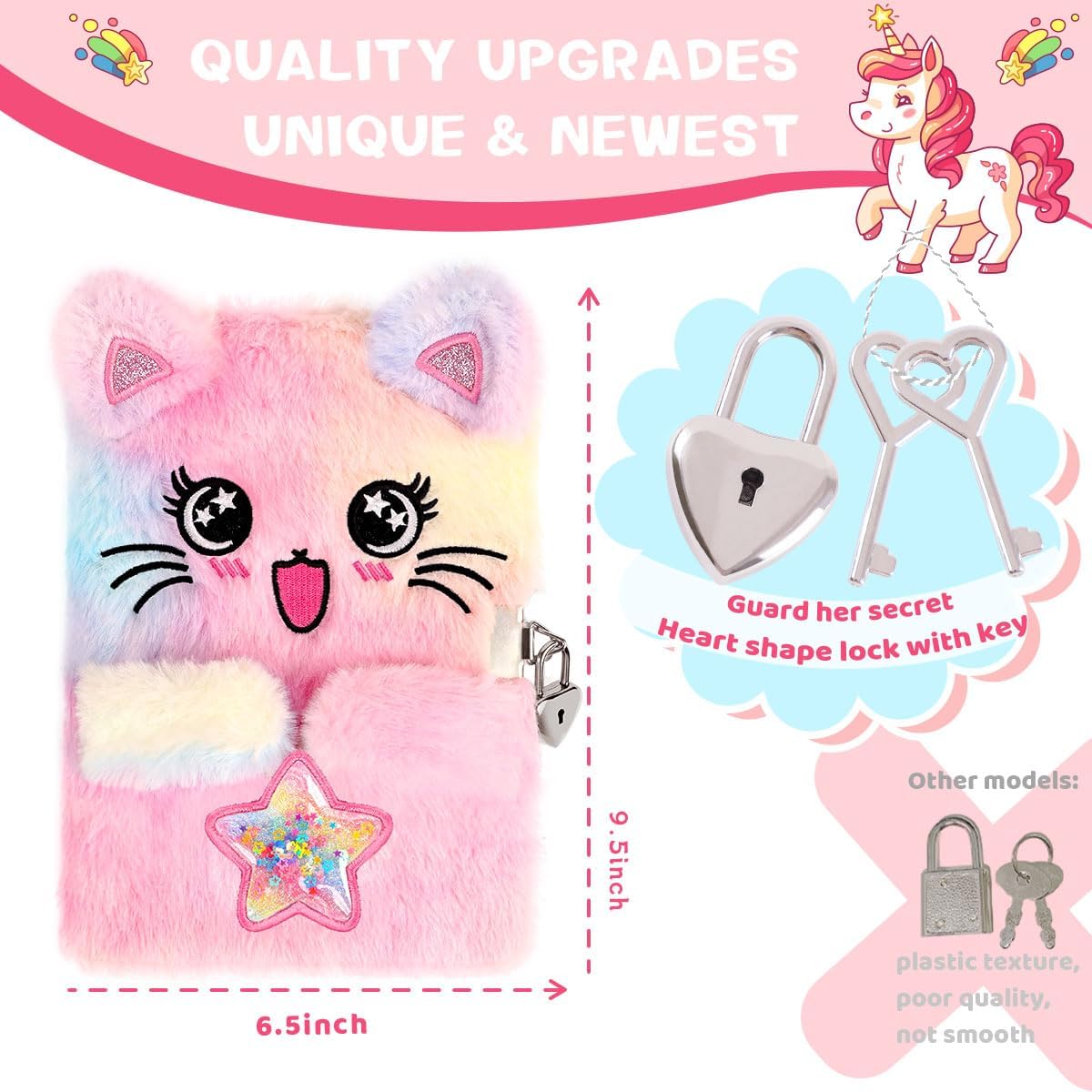 Girl Cat Diary, Lock & Key, Tie-Dye Fuzzy Diary, Ages 4-12