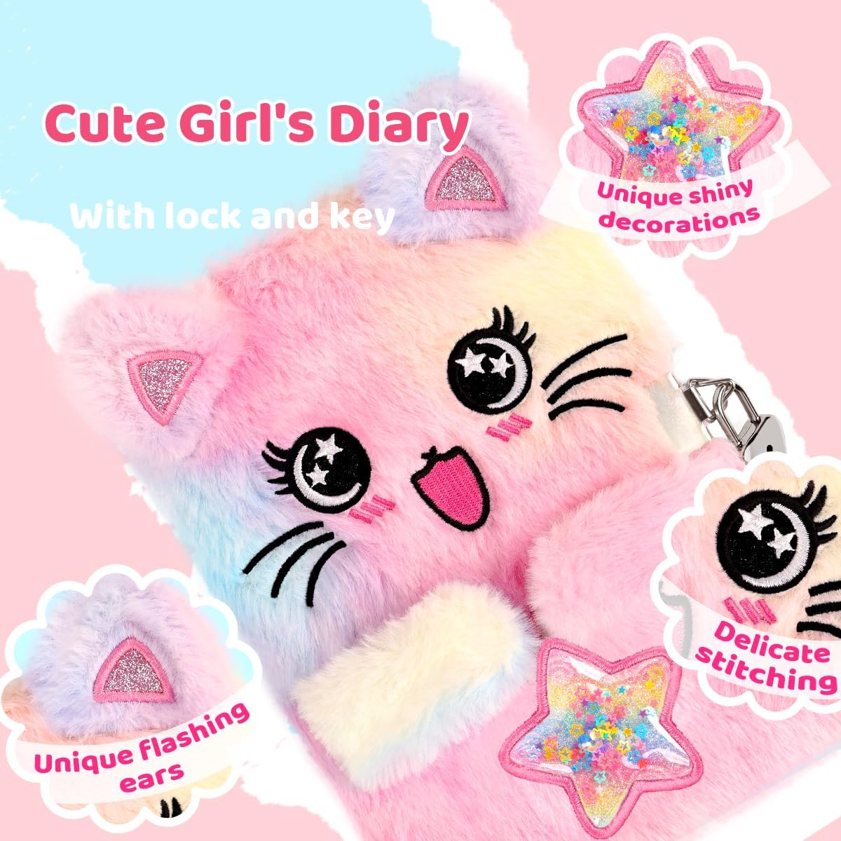 Girl Cat Diary, Lock & Key, Tie-Dye Fuzzy Diary, Ages 4-12