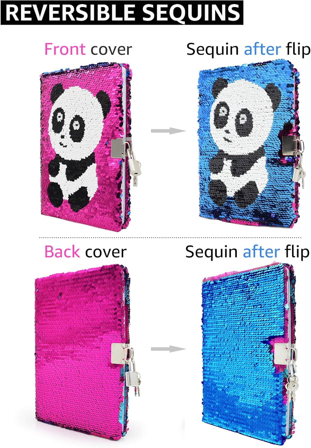 Sequin Notebook, Panda Diary, A5, 78 Sheets, Rose Red to Blue