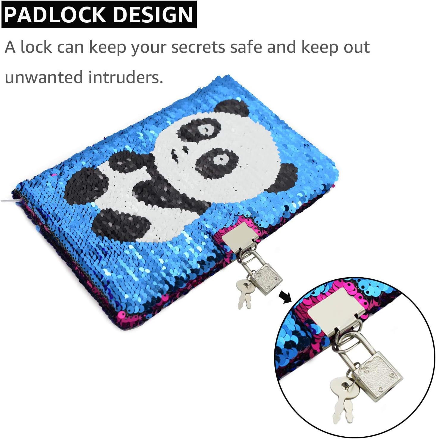 Sequin Notebook, Panda Diary, A5, 78 Sheets, Rose Red to Blue