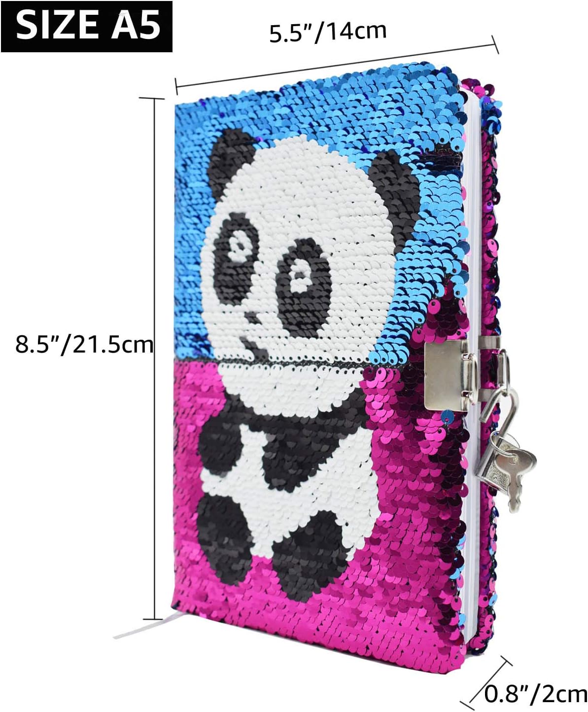 Sequin Notebook, Panda Diary, A5, 78 Sheets, Rose Red to Blue