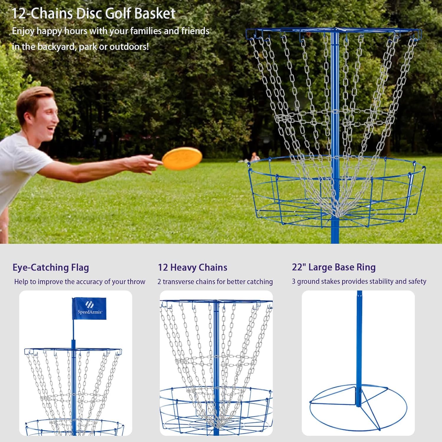 Portable Disc Golf Basket with 12 Steel Chains