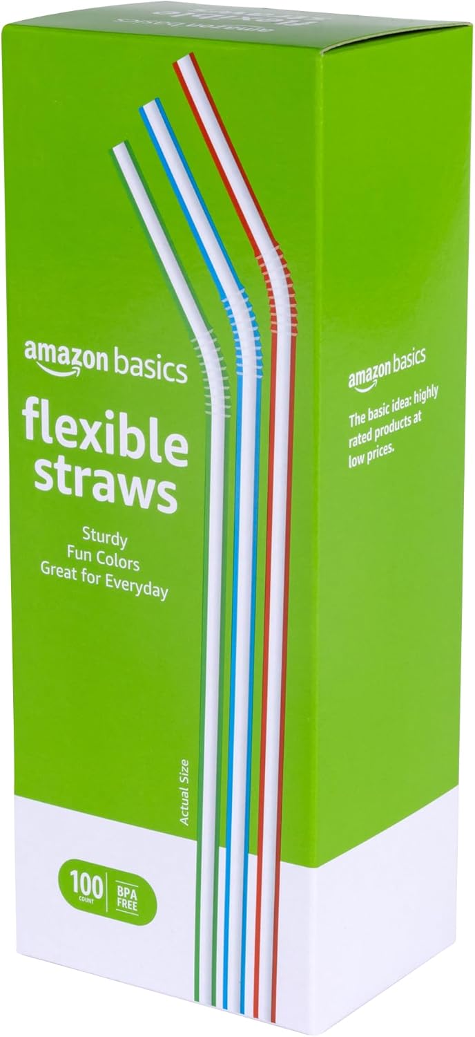 Amazon Basics Disposable Striped Plastic Flexible Straws | Assorted Colors | 100 Count | Large Package