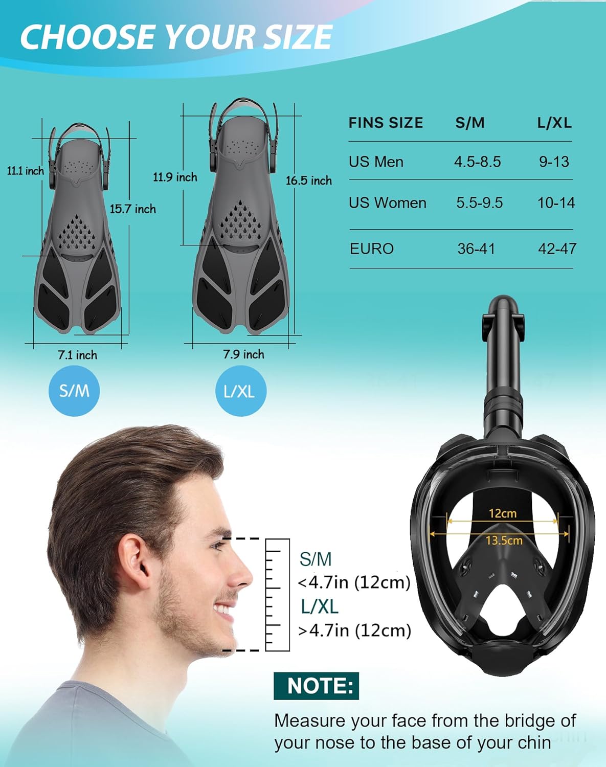 Viginsul Mask Flippers Snorkel Set, Panoramic Anti-Fog