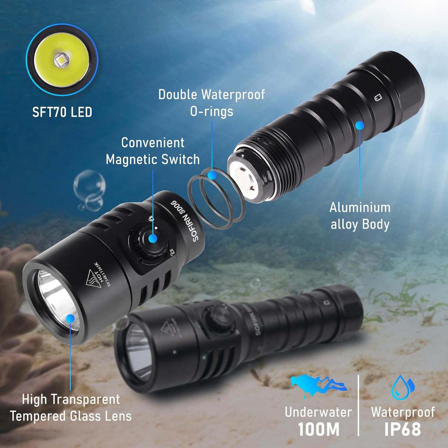 SD06 Scuba Diving Flashlight, 3200 Lumens