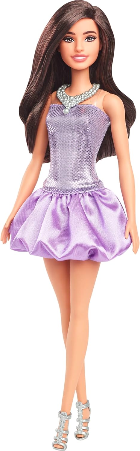 Barbie Fashionista Doll #234 with brown hair, wearing sequined purple bubble dress with satin skirt, silver necklace and high heels