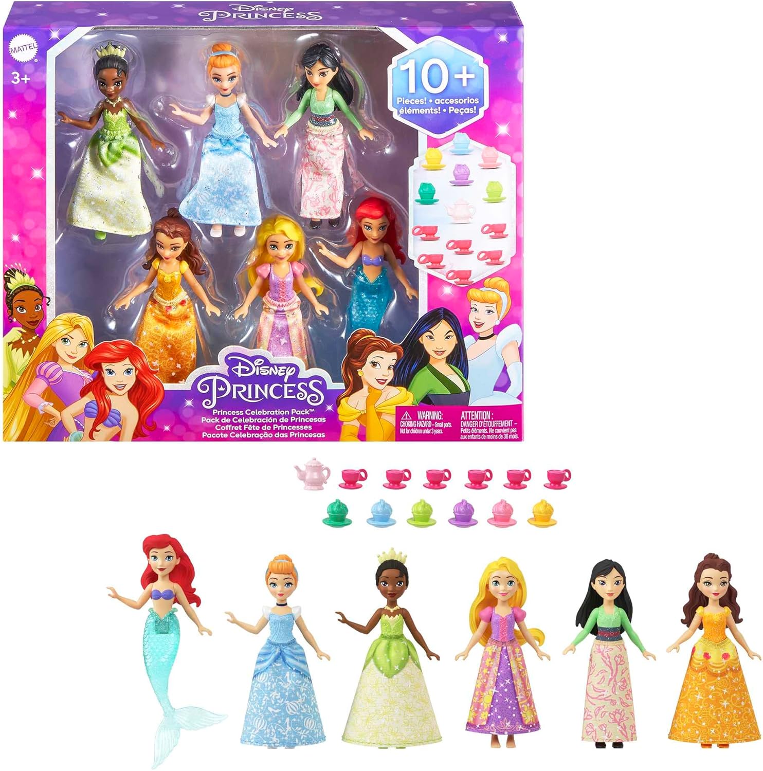 Mattel Disney Princess Toys, Tiny Dolls Party Set with 6 movable dolls in sparkly outfits and 13 tea time accessories