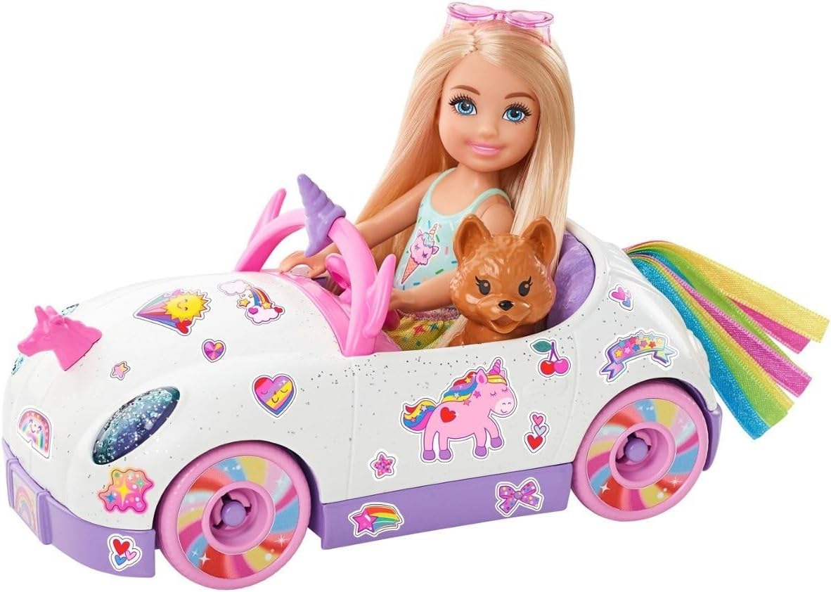 Barbie Chelsea Toy Car Set, Unicorn Theme, Little Blonde Doll, Detachable Skirt, Pet Dog, Stickers & Accessories