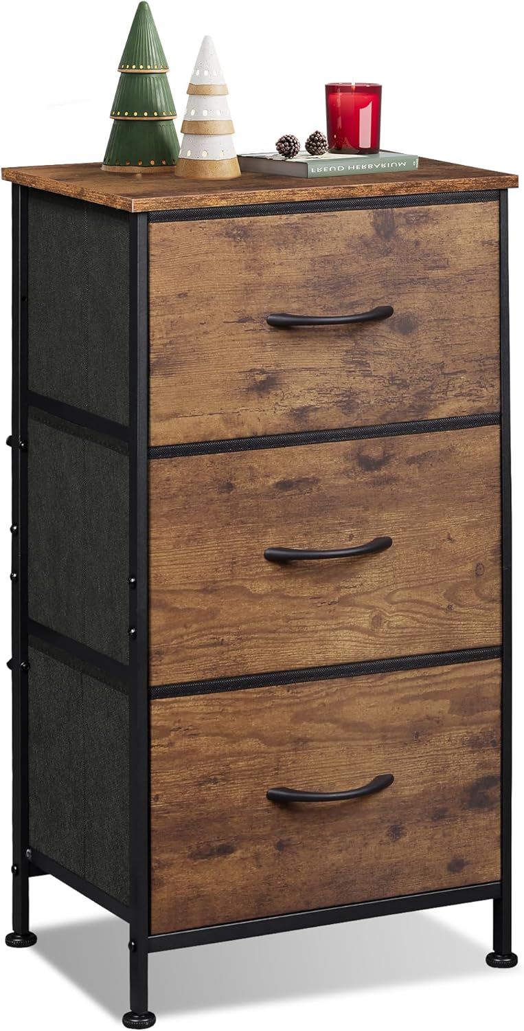 Dresser with 3 Drawers, Fabric Nightstand, Organizer Storage for Bedroom, Hallway, Entry, Closet, Sturdy Steel Frame, Wooden Top, Easy Pull Handles, Rustic Brown Woodgrain Print