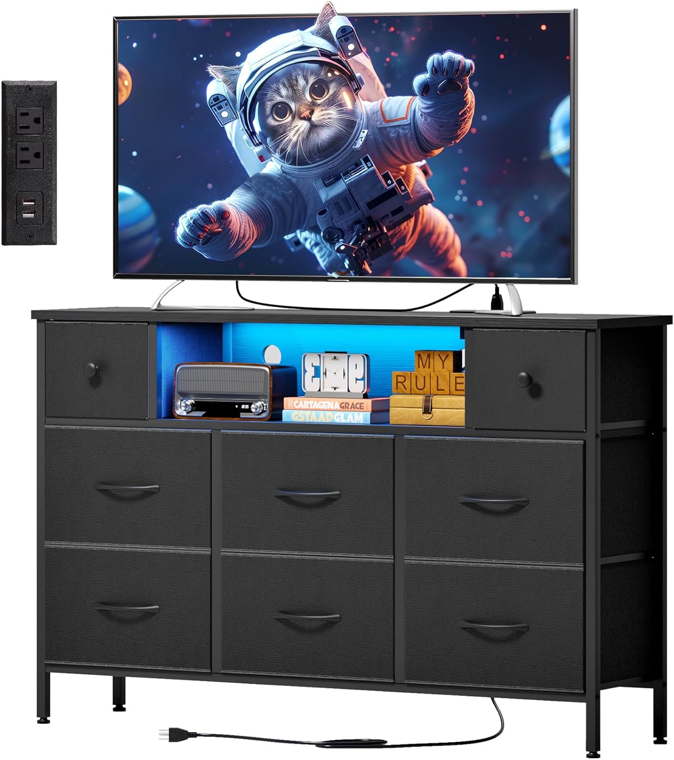Fixwal Bedroom Dresser with Electrical Outlet and LED Lights, Black 55" TV Stand with 8 Drawers, Fabric Chest of Drawers with PU Finish for Living Room, Entryway