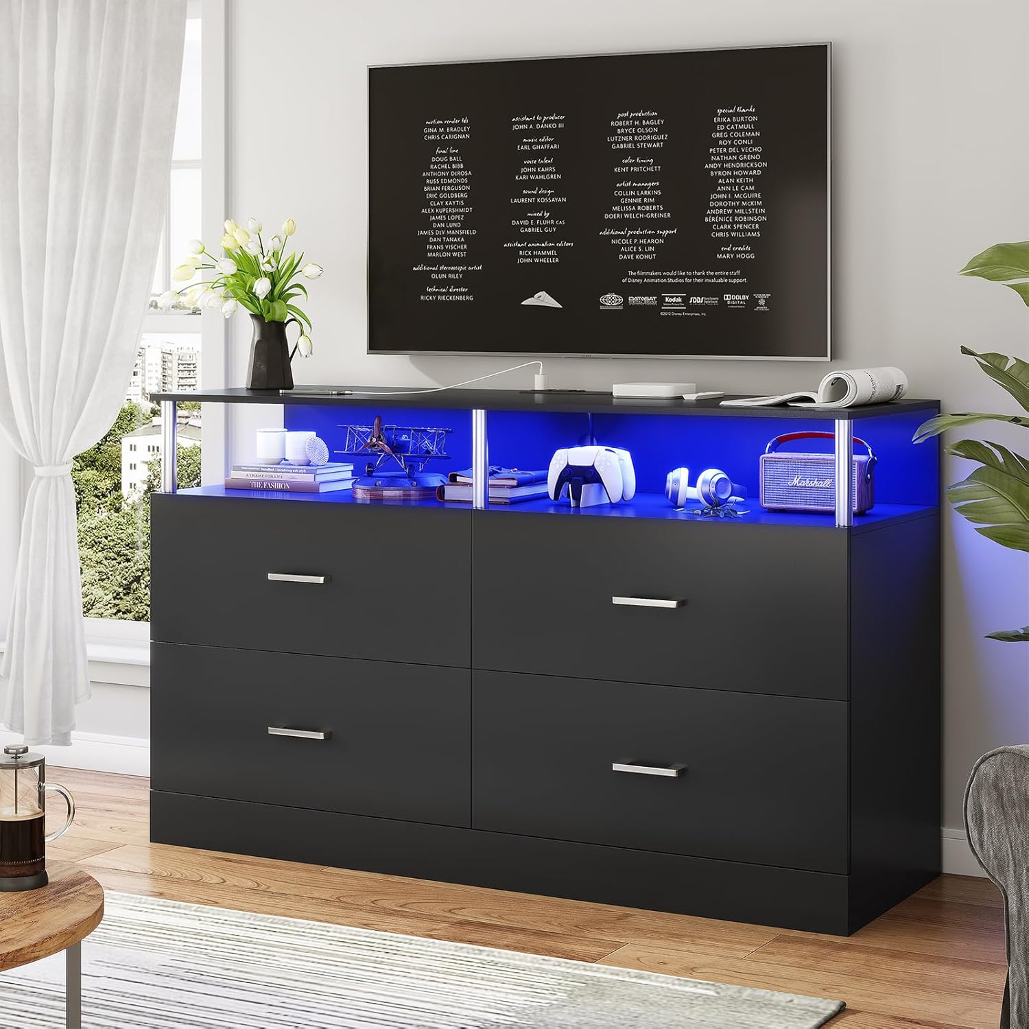 Bedroom Black Dresser with 6 Drawers, Dresser and Chest of Drawers with Column Design and Charging Station, Modern Bedroom LED Wide Dresser for Bedroom Closet