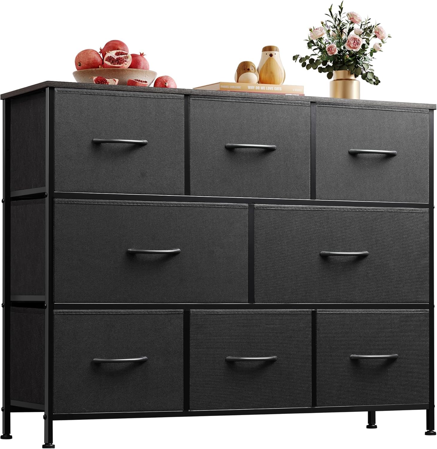 8 Drawer Bedroom Dresser, Fabric Black Dresser with Large Storage Drawer Unit, Living Room Chest of Drawers