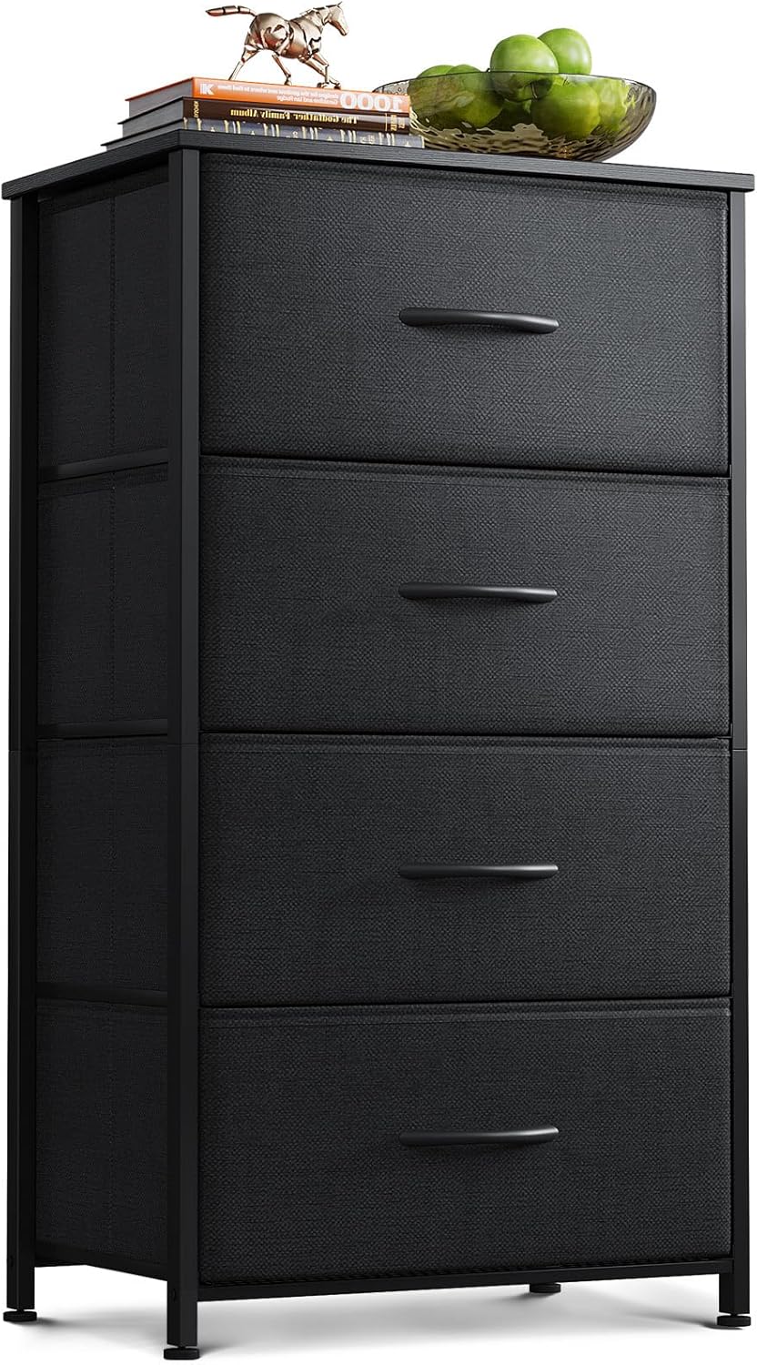 Bedroom Dresser with 4 Storage Drawers, Small Dresser Drawers Fabric Dresser with Sturdy Steel Frame, Black