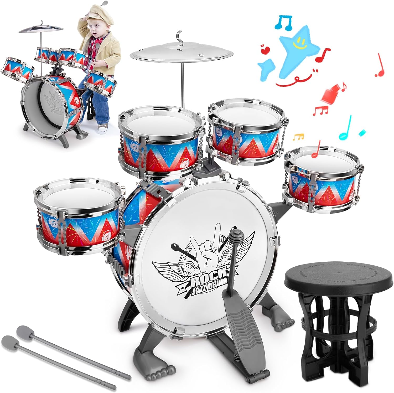 Toddler Drum Set, Jazz Drum Set with Stool, Gift for 3-5 Years Old