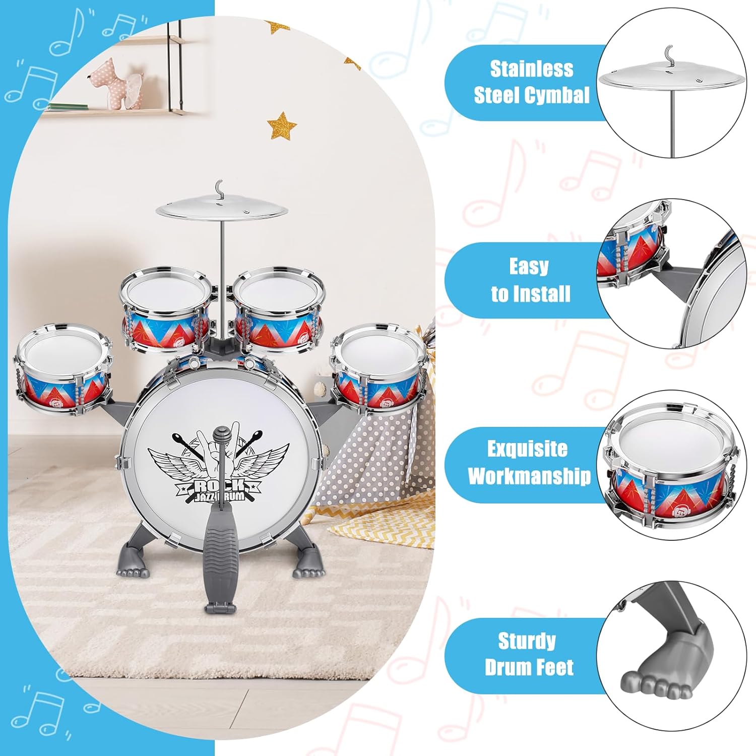 Toddler Drum Set, Jazz Drum Set with Stool, Gift for 3-5 Years Old