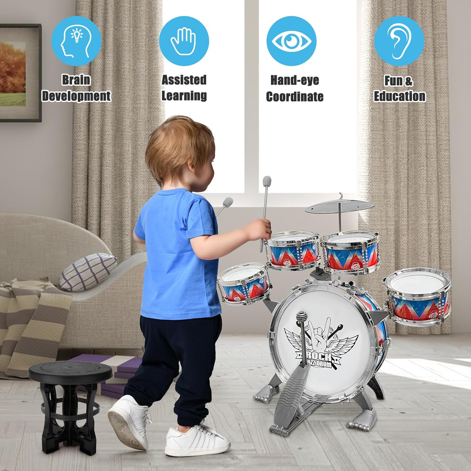 Toddler Drum Set, Jazz Drum Set with Stool, Gift for 3-5 Years Old
