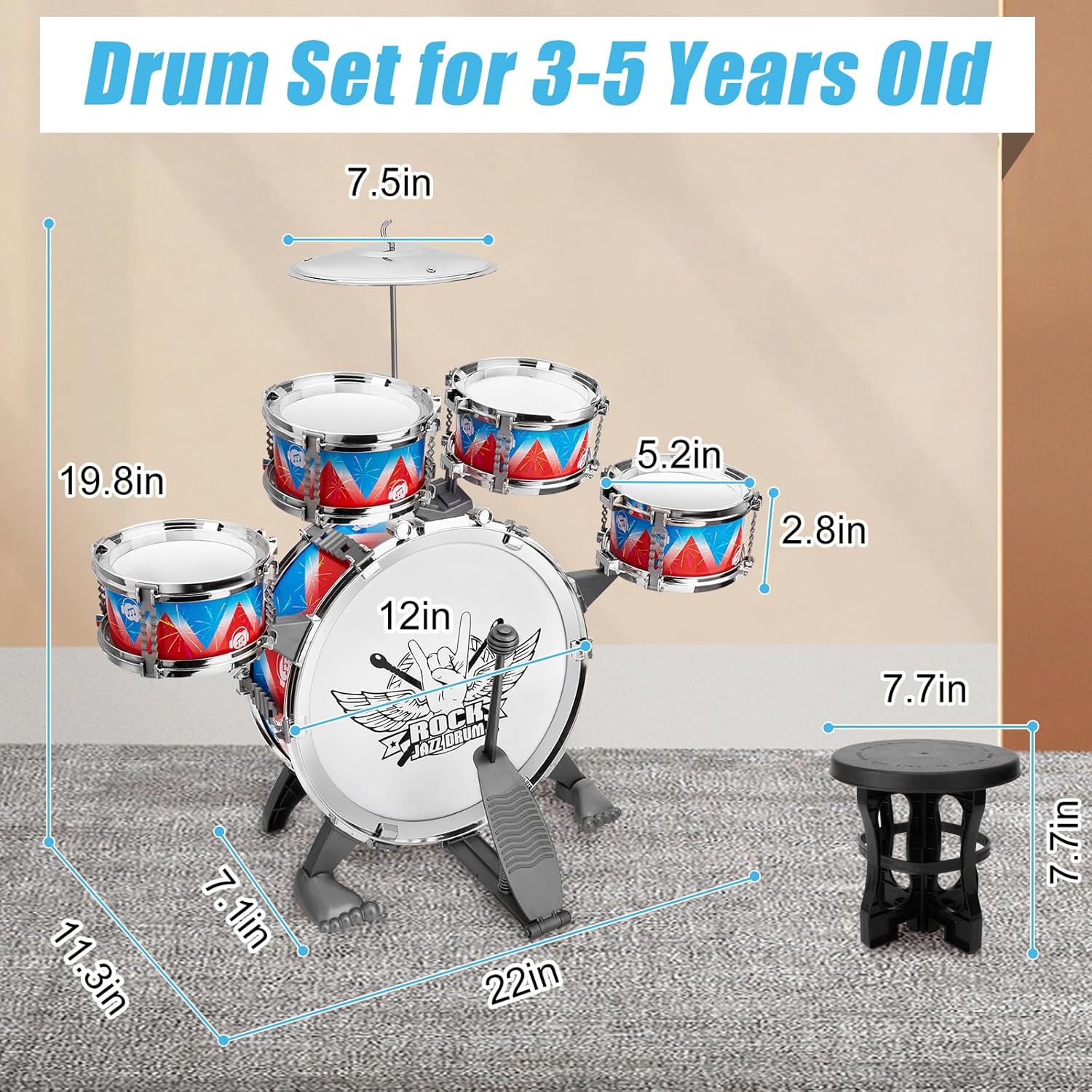 Toddler Drum Set, Jazz Drum Set with Stool, Gift for 3-5 Years Old