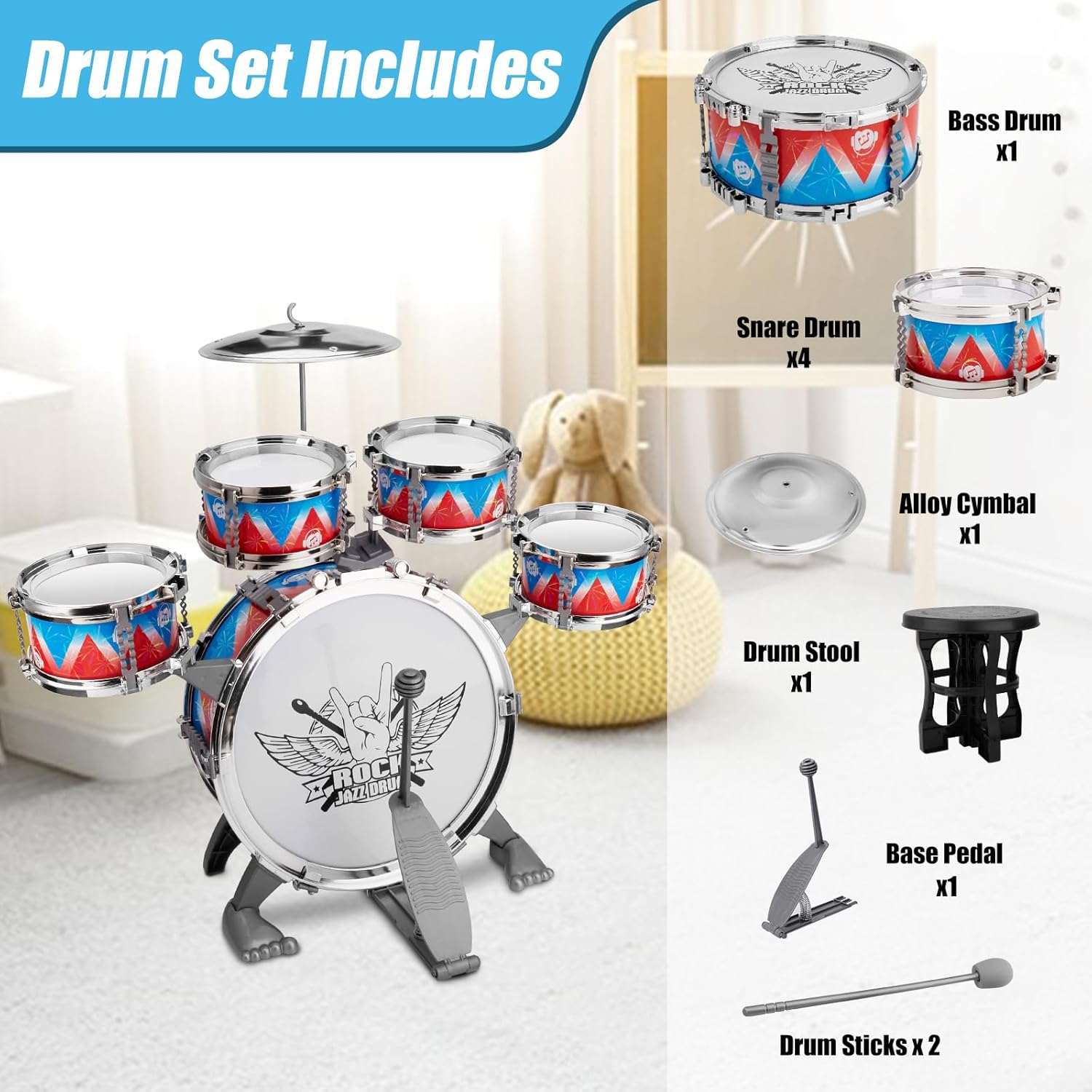 Toddler Drum Set, Jazz Drum Set with Stool, Gift for 3-5 Years Old