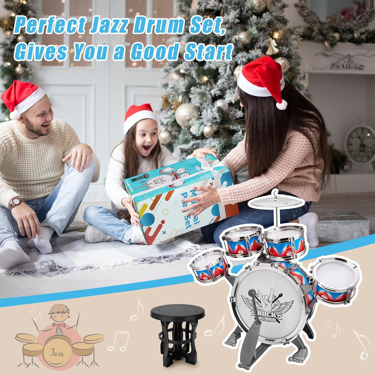 Toddler Drum Set, Jazz Drum Set with Stool, Gift for 3-5 Years Old