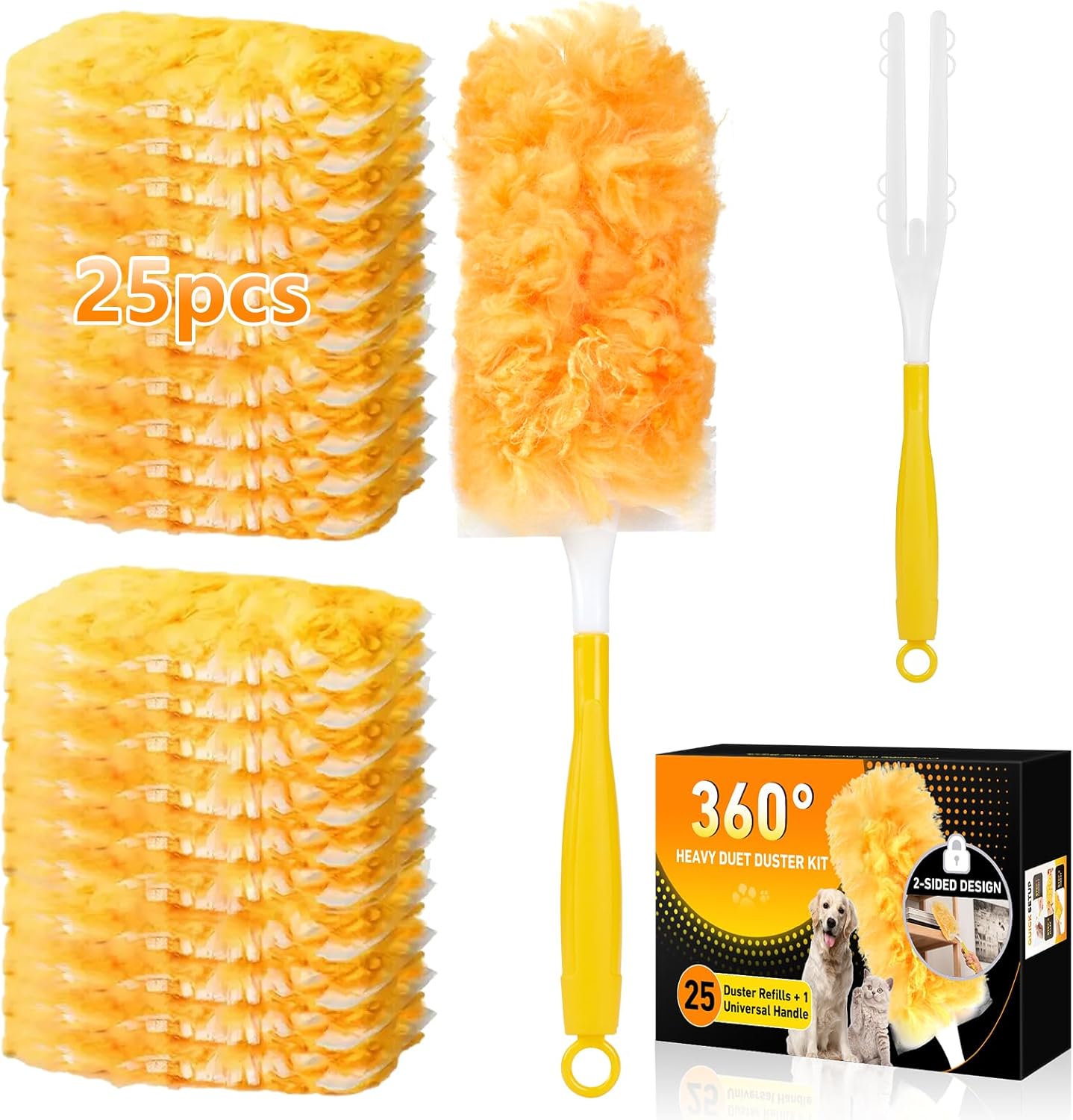 360 Dusting Duster Refill Kit for Swiffer Dusters, 25 Pack and 1 Handle, Multi-Surface Dusters with 4x Microfiber. High efficiency duster kit for cleaning pet hair, home, office, blinds, furniture, etc.