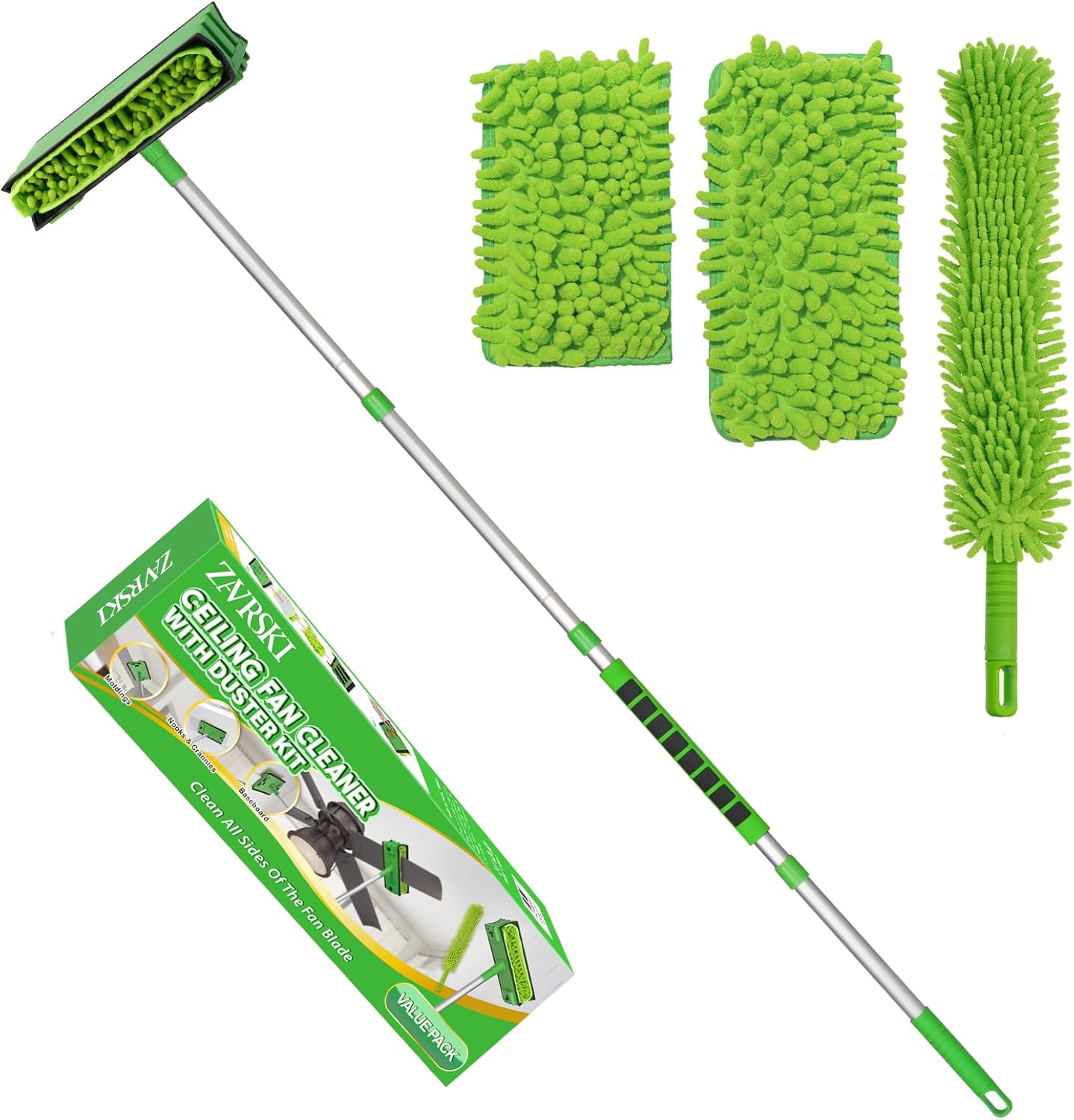 Ceiling Fan Cleaning and Dusting Duster with 6 ft/72 in (Approx. 1.8 m) Extension PoleHigh Ceiling Fan Blade Cleaning ToolMicrofiber Dusting Dusting DustersReusable Pads for Cleaning Ceiling Fans | Baseboards | Blinds | Spider Webs | Molded Plastic