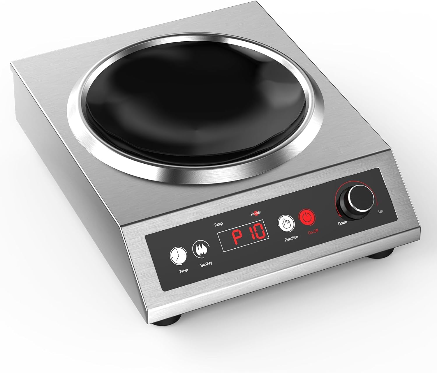 1800W Electric Wok for Home and Commercial,Concave Surface Stainless SteelPowerful Dual Control Mode 10 Power and Temperature 24 Hour Timer Sensor Hob