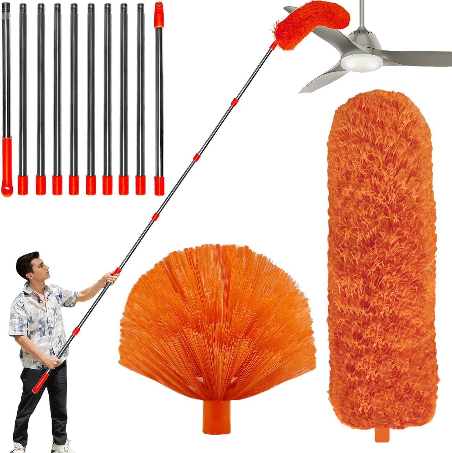 20ft (Approx. 61.4m) High Range Dusting Duster Kit with 2-15ft (Approx. 61.6cm) Extension Pole,Cobweb and Corner Brush Cleaning Dusting Dusting Duster Kit for Cleaning,Microfiber Feather Dusting Duster with Washable Head for Ceiling Fans, Furniture, Households