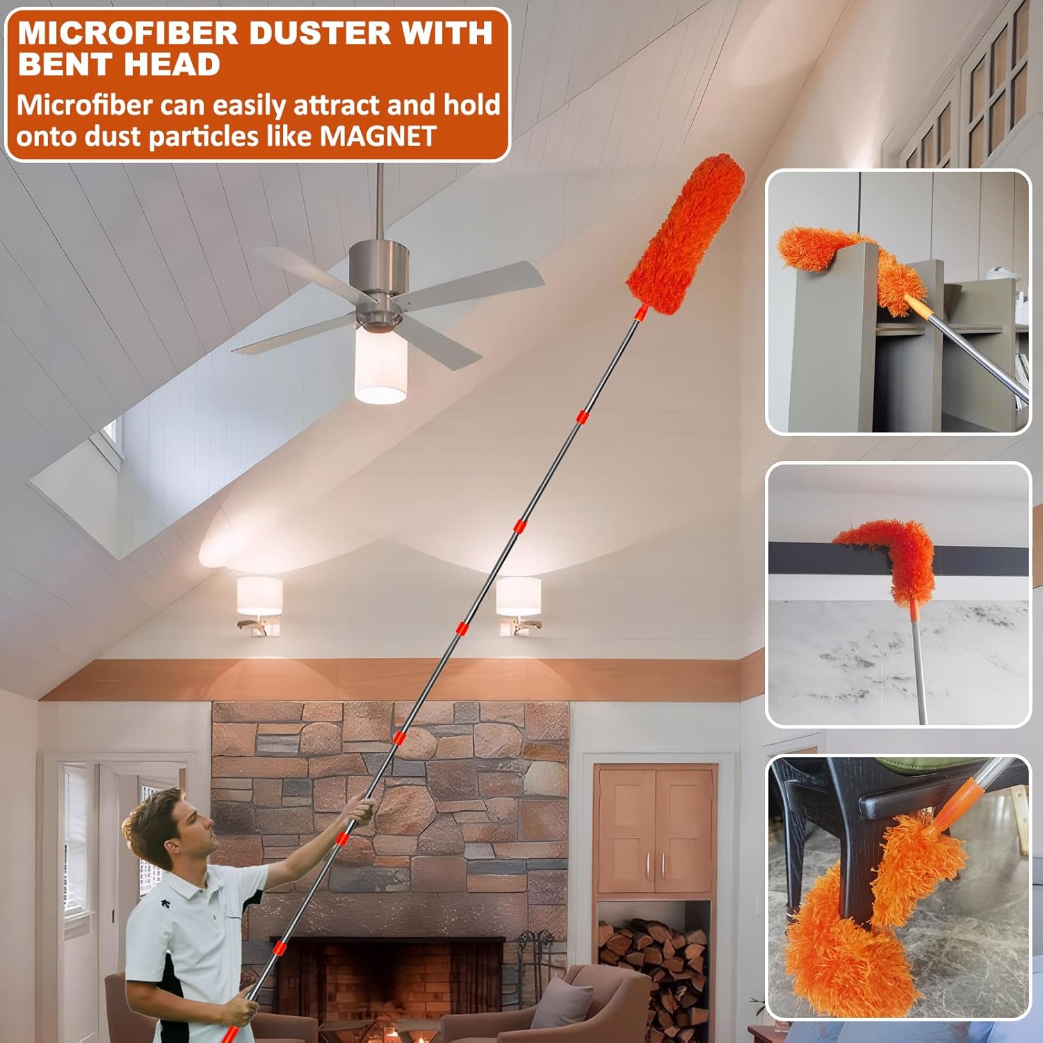 20ft (Approx. 61.4m) High Range Dusting Duster Kit with 2-15ft (Approx. 61.6cm) Extension Pole,Cobweb and Corner Brush Cleaning Dusting Dusting Duster Kit for Cleaning,Microfiber Feather Dusting Duster with Washable Head for Ceiling Fans, Furniture, Households