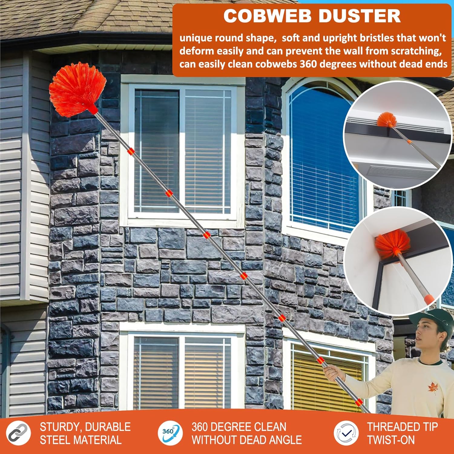 20ft (Approx. 61.4m) High Range Dusting Duster Kit with 2-15ft (Approx. 61.6cm) Extension Pole,Cobweb and Corner Brush Cleaning Dusting Dusting Duster Kit for Cleaning,Microfiber Feather Dusting Duster with Washable Head for Ceiling Fans, Furniture, Households