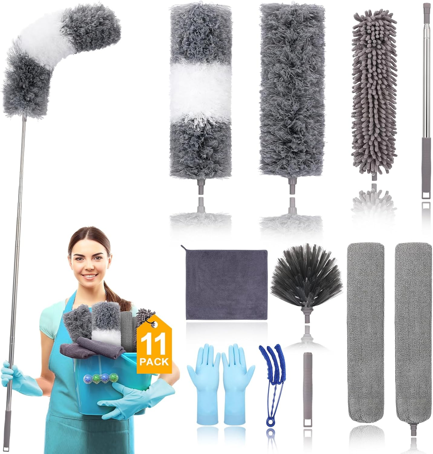 Microfiber Retractable Feather Dusters (11 pcs) with 100 inches (approx. 254.0 cm) Extension Pole, Washable and Reusable Bendable Dusters for Cleaning Ceiling Fans, High Ceilings, Televisions, Blinds, Car