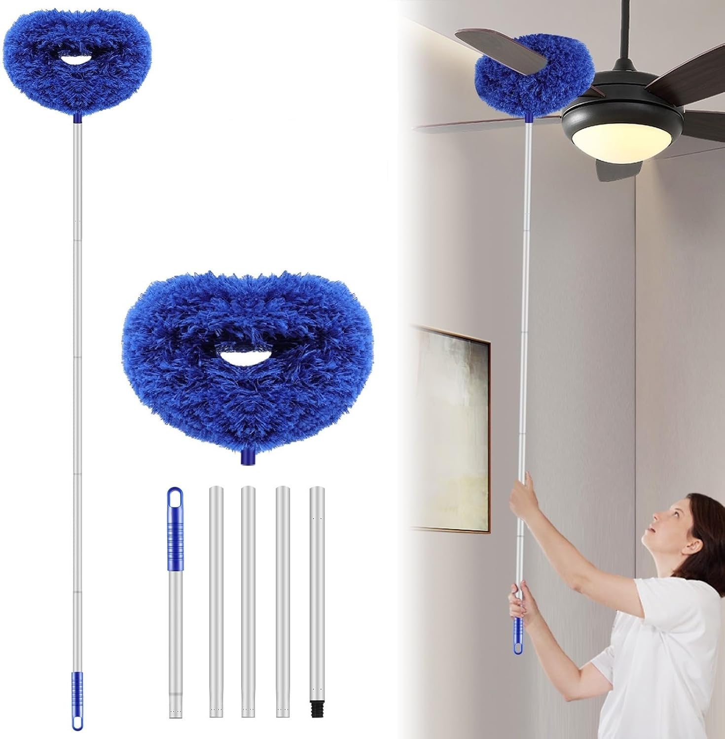 Up to 66 inches (approx. 167.6 cm) Ceiling Fan Cleaning Dusting Duster Reusable Microfiber Ceiling Fan Blade Cleaner Removable Dusting Duster with Extension Pole for Cleaning Walls Bookshelves Furniture Doors and Windows Tops, Jewel Blue, 1-Piece Set