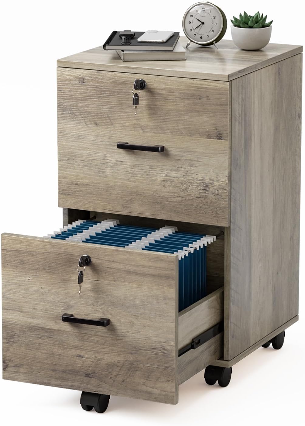 2 Drawer File Cabinet with Lock, Wooden Rustic Gray File Cabinet for Letter Size Folders with Labels, Under Desktop Rolling File Cabinet for Home Office, Mobile File Cabinet Printer Stand