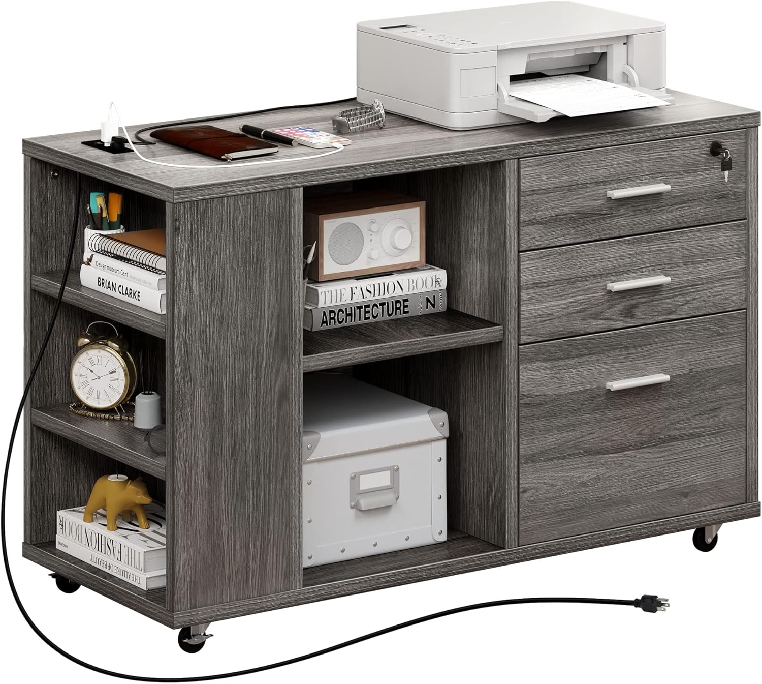 Filing cabinet with charging station Mobile lateral file cabinet with lock For home office Printer holder with open storage shelves Suitable for A4 letter legal size documents Office furniture Gray