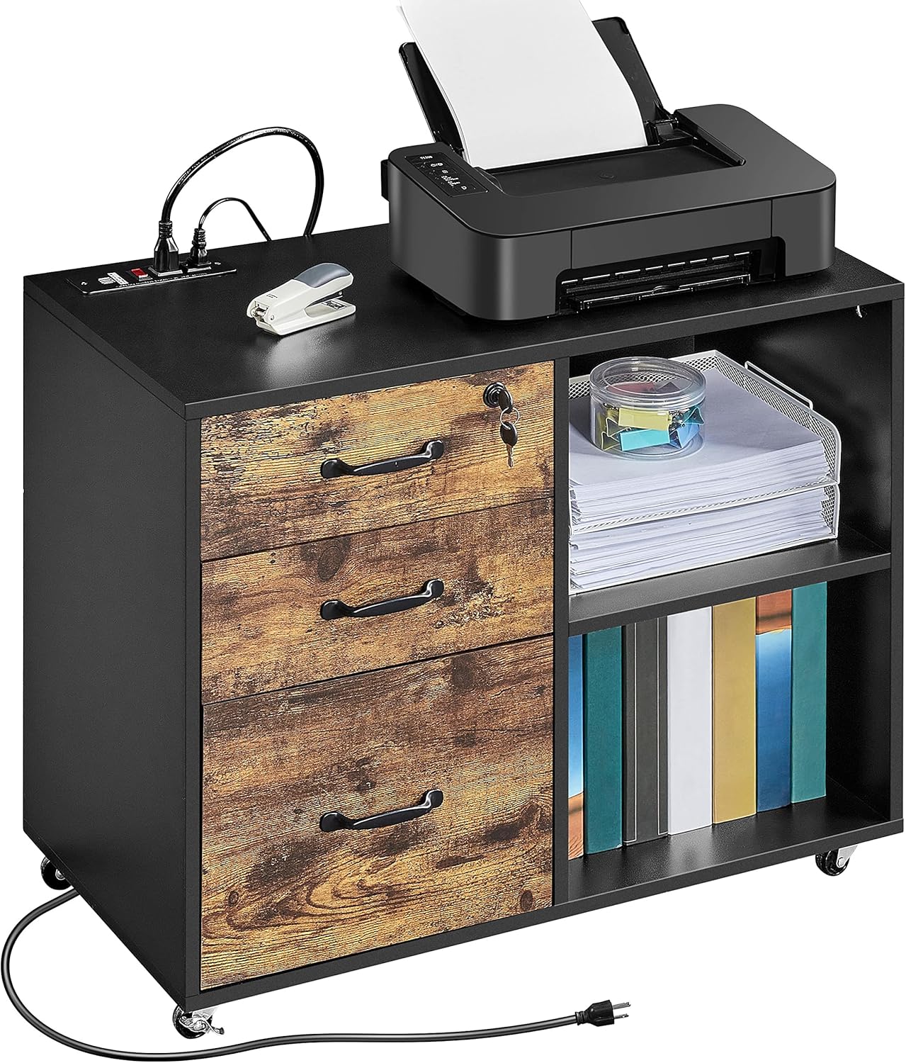 File Cabinet with Charging Station, Lateral File Cabinet Printer Stand with 3 Drawers for Home and Office Black/Rustic Brown