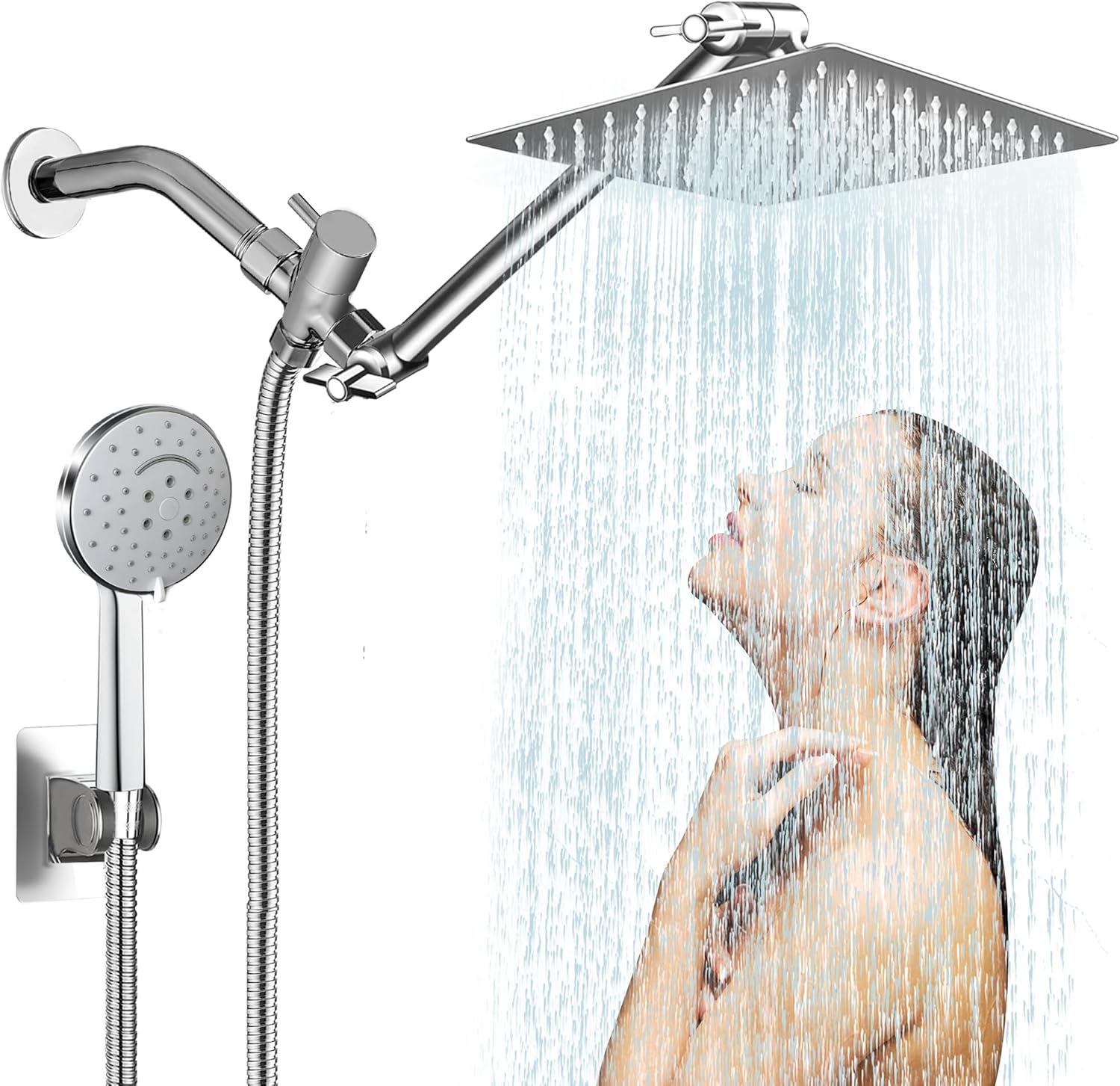 10 inch (approx. 25.4 cm) rain shower head combination stainless steel, first waterfall pattern, 10 inch (approx. 25.4 cm) shower head, handheld 6 spray patterns high pressure, overhead shower adjustable extension arm, chrome plated
