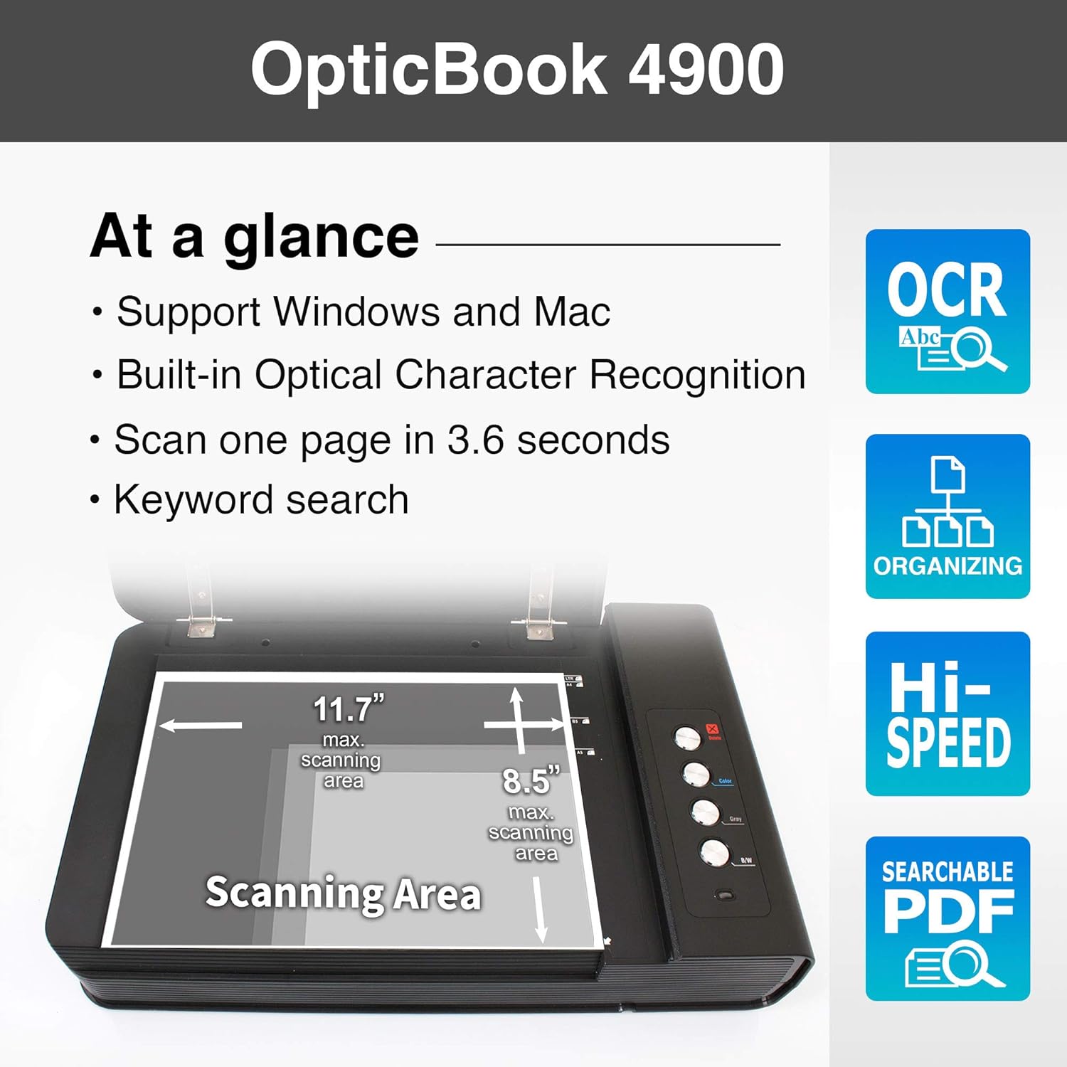 Plustek OpticBook 4900 Scanner with Book - Simplify scanning, digitize your paper/documents and organize them with software for archiving, finding and sharing files.