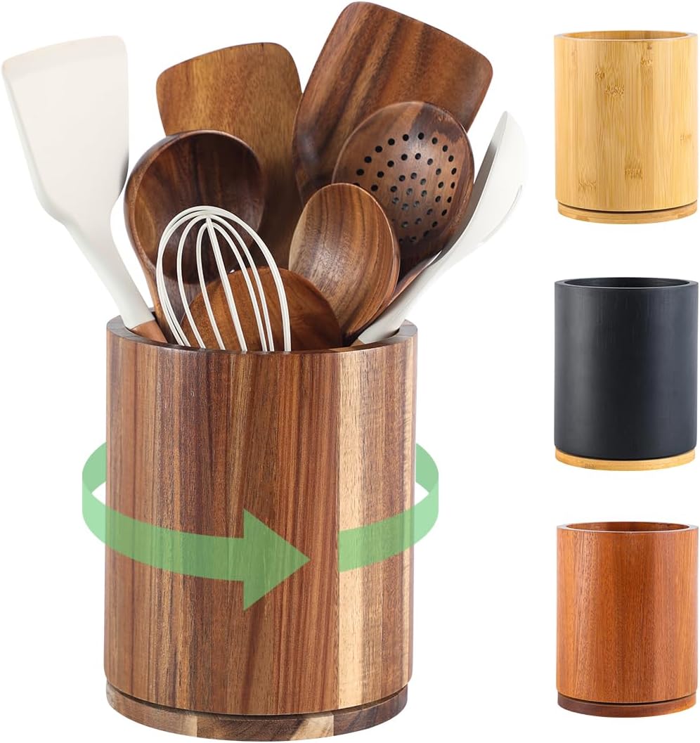 gorsend wood utensil holder, 360 rotating 7.3" large kitchen utensil holder for kitchen counter, kitchen utensil organizer, utensil sink, farmhouse kitchen countertop decoration