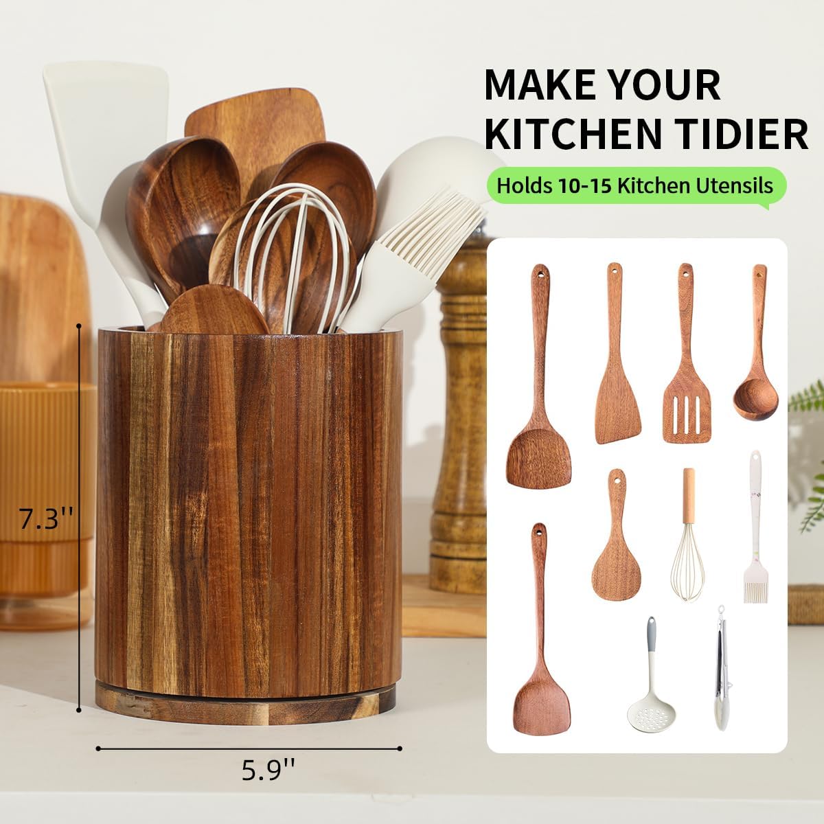 gorsend wood utensil holder, 360 rotating 7.3" large kitchen utensil holder for kitchen counter, kitchen utensil organizer, utensil sink, farmhouse kitchen countertop decoration