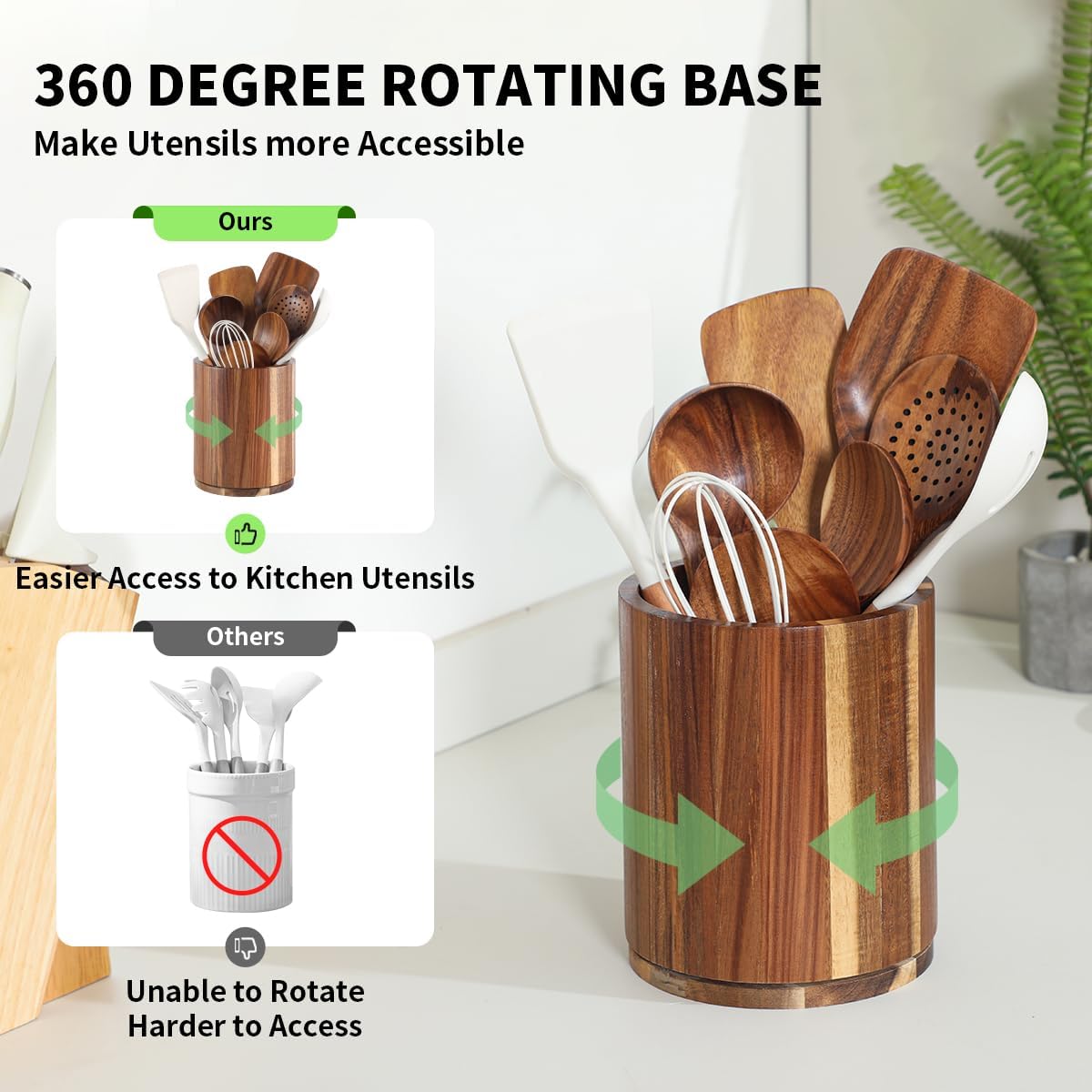 gorsend wood utensil holder, 360 rotating 7.3" large kitchen utensil holder for kitchen counter, kitchen utensil organizer, utensil sink, farmhouse kitchen countertop decoration