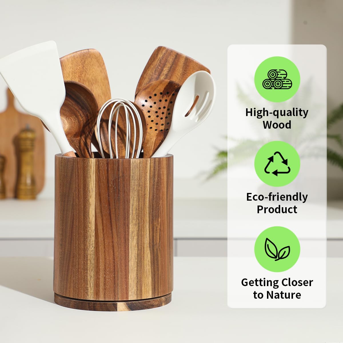 gorsend wood utensil holder, 360 rotating 7.3" large kitchen utensil holder for kitchen counter, kitchen utensil organizer, utensil sink, farmhouse kitchen countertop decoration