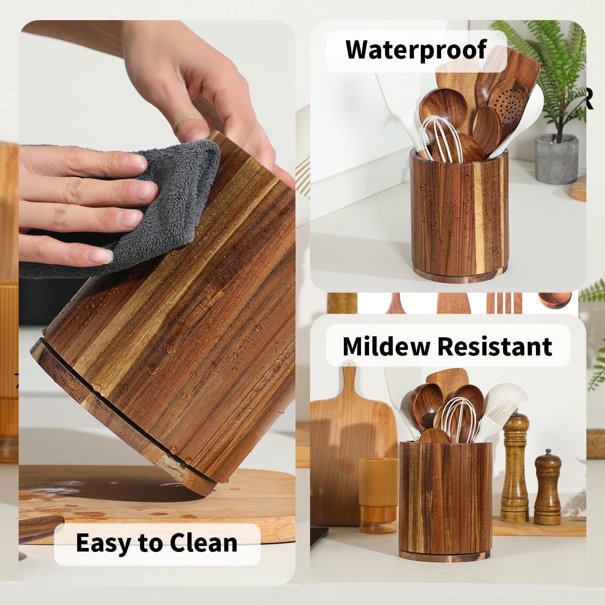 gorsend wood utensil holder, 360 rotating 7.3" large kitchen utensil holder for kitchen counter, kitchen utensil organizer, utensil sink, farmhouse kitchen countertop decoration