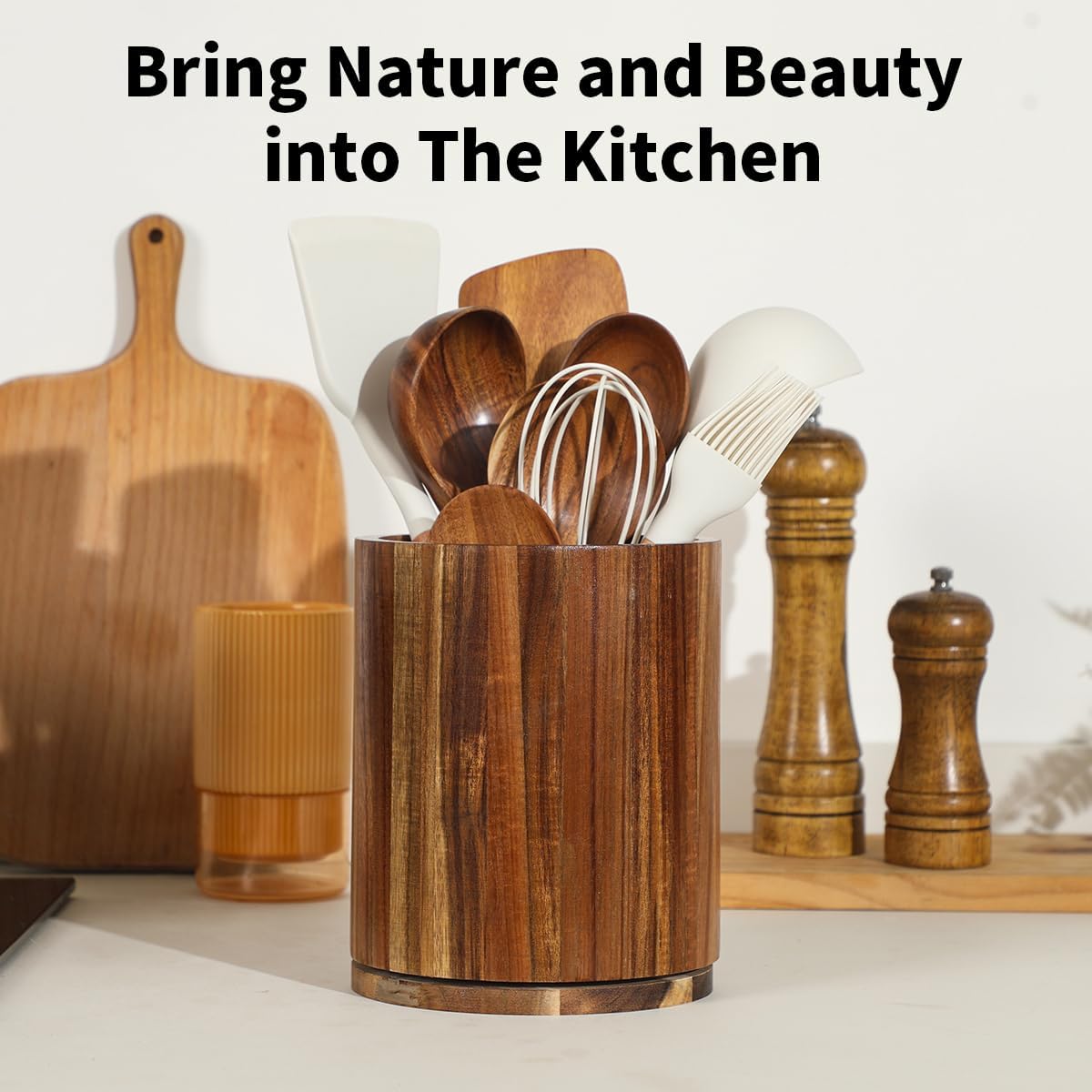 gorsend wood utensil holder, 360 rotating 7.3" large kitchen utensil holder for kitchen counter, kitchen utensil organizer, utensil sink, farmhouse kitchen countertop decoration