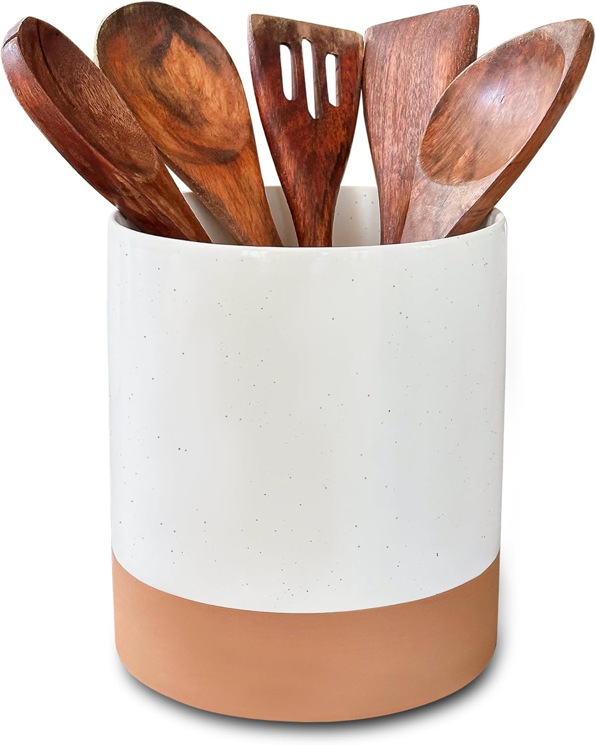 Mora Ceramic Kitchen Utensil Rack - Wooden Spoon and Spatula For Countertops, Modern Farmhouse Home Decor, Extra Large 7.3 inch (Approx. 18.5 cm) Cooking Organizer for Stove Top and Counter - Heavy and Sturdy - Vanilla