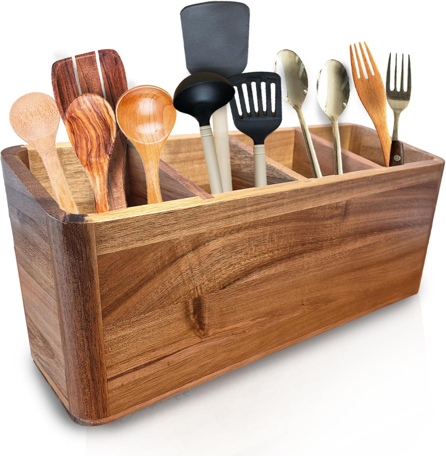 Dstuff Large Kitchen Utensil Organizer for Counter or Countertop, Large Wooden Utensil Rack for Cooking and Silverware, Acacia Rustic Wooden Container Large (Acacia 4 Compartments)