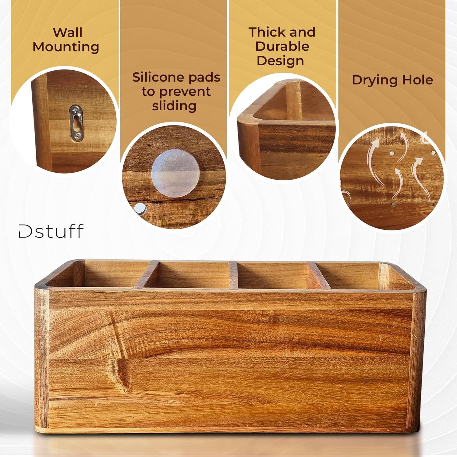 Dstuff Large Kitchen Utensil Organizer for Counter or Countertop, Large Wooden Utensil Rack for Cooking and Silverware, Acacia Rustic Wooden Container Large (Acacia 4 Compartments)