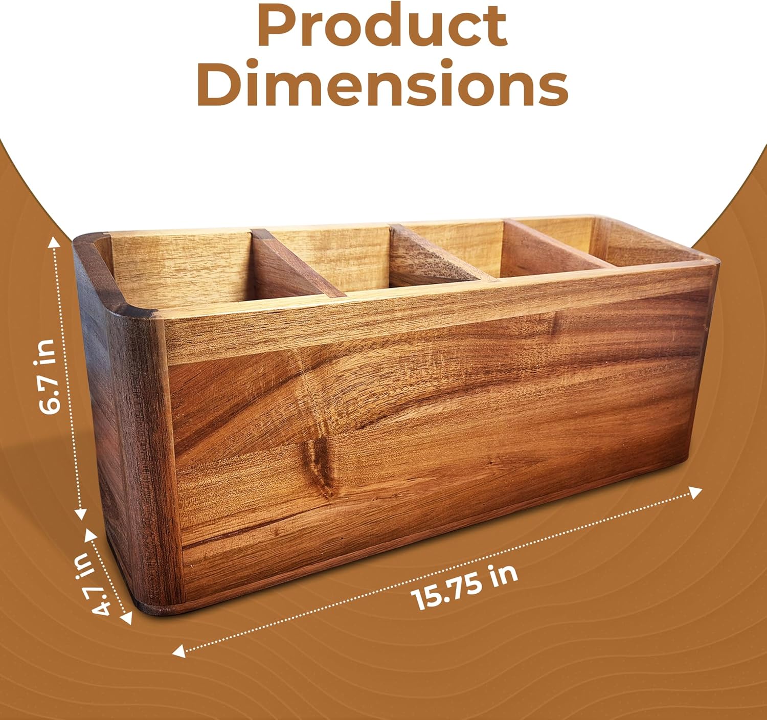 Dstuff Large Kitchen Utensil Organizer for Counter or Countertop, Large Wooden Utensil Rack for Cooking and Silverware, Acacia Rustic Wooden Container Large (Acacia 4 Compartments)