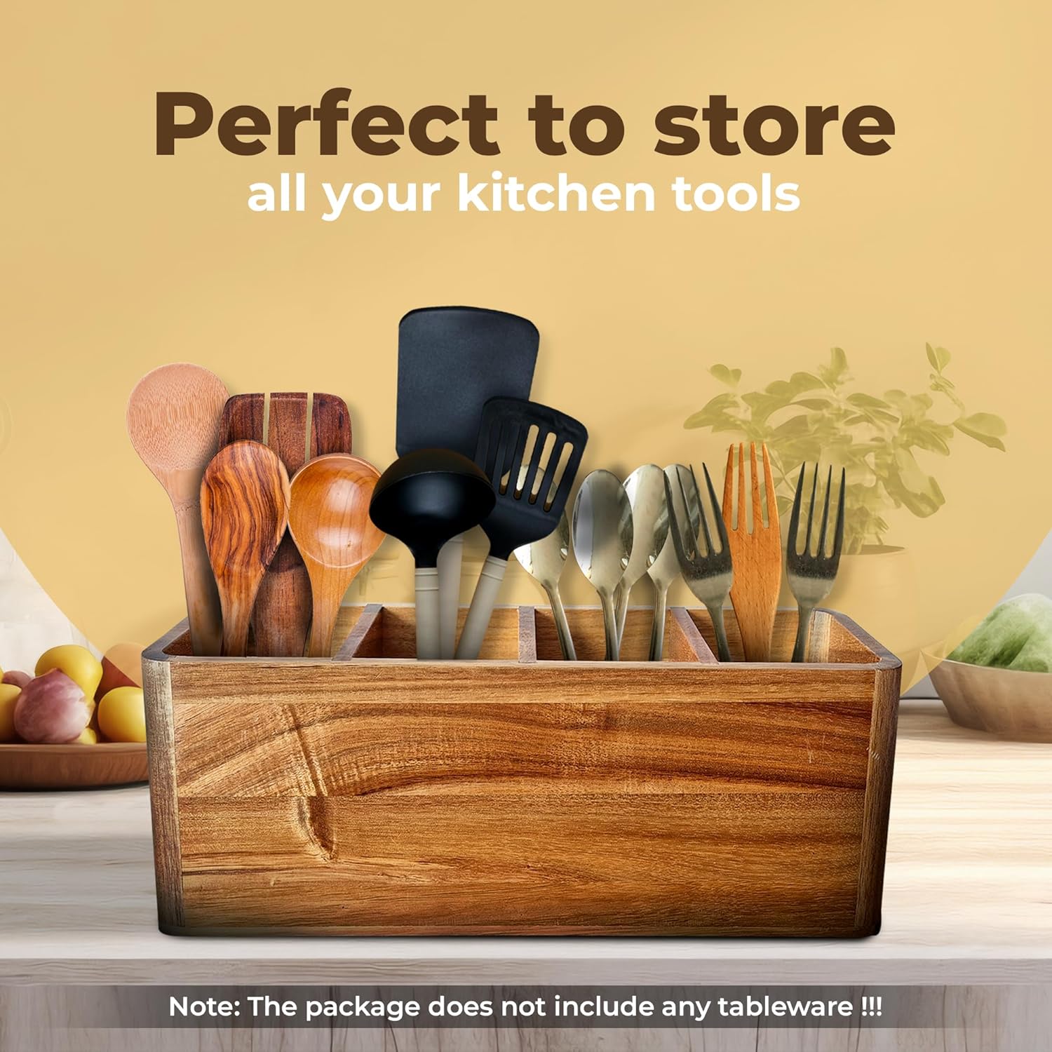 Dstuff Large Kitchen Utensil Organizer for Counter or Countertop, Large Wooden Utensil Rack for Cooking and Silverware, Acacia Rustic Wooden Container Large (Acacia 4 Compartments)